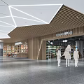 Modern Mall Hall Interior With Geometric Lights Shops And People