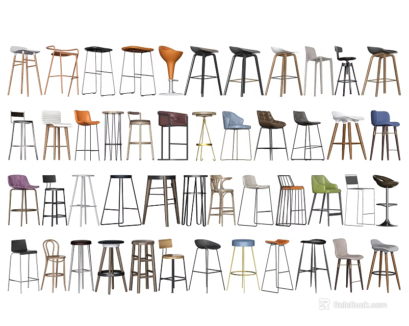 Various Modern Bar Stools With Different Colors And Wooden Metal Frames 3d model