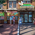 Traditional Style Commercial Street With Shops Pedestrians Trees And Rainy Atmosphere