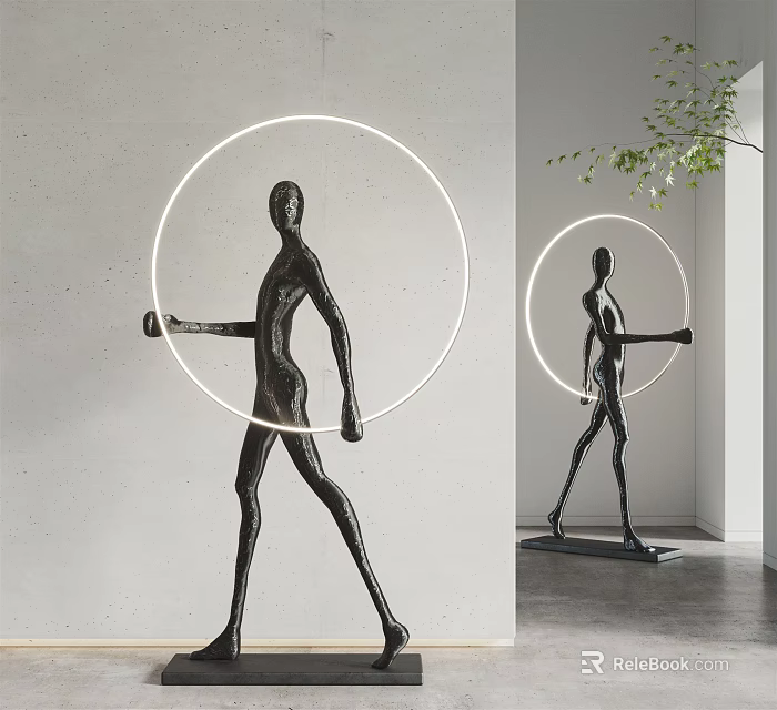 Black Human Figure Sculpture Holding Circular Halo In Modern Minimalist Indoor Design 3d model 