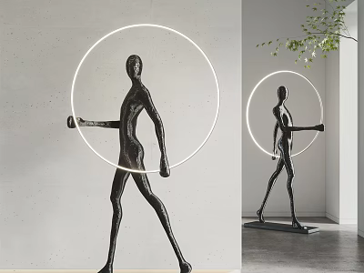Black Human Figure Sculpture Holding Circular Halo In Modern Minimalist Indoor Design 3d model