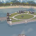 Classical Single Family Villa With Symmetrical Arches Snowy Mountains And Water Reflection