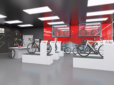 Modern Bicycle Store Interior With White Display Stands Red Backdrop Wall Display Windows And Bicycles 3d model