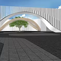 Modern Landscape Sculpture With Arched Vertical Striped Design Against Blue Sky And Paved Ground