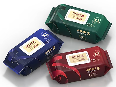 ATLAS 3 XL Size Wipes With 140 Sheets And Colorful Packaging 3d model