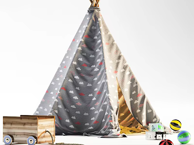 Cone Kids Play Tent With Gray Beige Fabric Red Cloud Patterns Wooden Box Colored Balls 3d model