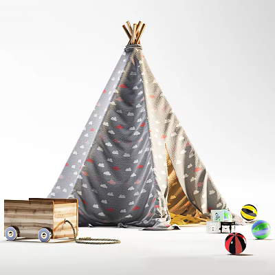 Cone Kids Play Tent With Gray Beige Fabric Red Cloud Patterns Wooden Box Colored Balls 3d model