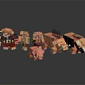 Minecraft Block Style Characters And Creatures With Pink Piglet And Horned Animals