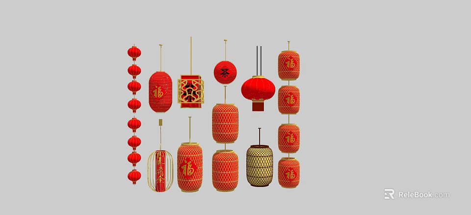 Traditional Chinese Red Lanterns Featuring Fu Characters And Various Decorative Designs 3d model 