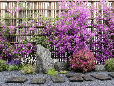 Lush Purple Vines Adorning Bamboo Fence With Large Rock And Stone Pathway 3d model
