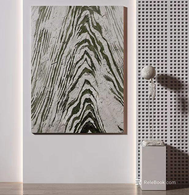 Modern Green White Striped Artwork With Perforated Wall And Decor Elements 3d model