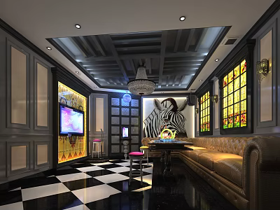 Luxurious KTV Lounge Interior With Leather Sofa Chandelier Stained Glass Windows And Checkered Floor 3d model