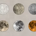 Six Circular Decorative Wall Lamps With Different Moon Surface Textures On Gray Wall 3d model