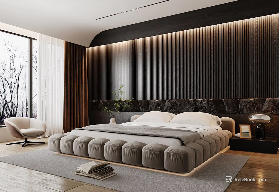 Modern Bedroom Design With Tufted Bed Dark Striped Accent Wall And Large Windows 3d model 