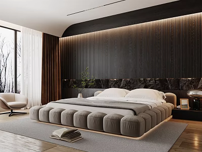 Modern Bedroom Design With Tufted Bed Dark Striped Accent Wall And Large Windows 3d model
