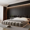 Modern Bedroom Design With Tufted Bed Dark Striped Accent Wall And Large Windows