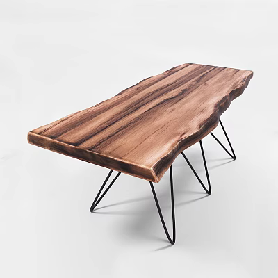 Rustic Wooden Dining Table With Natural Grain And Black Metal Hairpin Legs 3d model