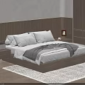 Double Bed Wooden Frame Striped Headboard LED Light Strip Gray Blanket White Pillows Gray Rug
