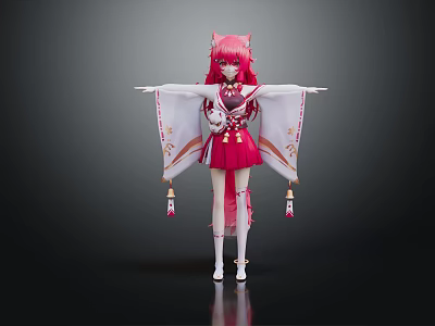 Anime Character With Pink Hair And Fox Ears In Red White Kimono Style Outfit 3d model