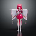 Anime Character With Pink Hair And Fox Ears In Red White Kimono Style Outfit