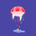 Cartoon Scene with Red and White Striped Umbrella Lightning Raindrops and Yellow Ducklings in Puddle
