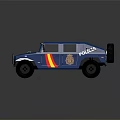 Blue Police Off Road Vehicle Exterior with POLICE Lettering Red and Yellow Stripes and Badge
