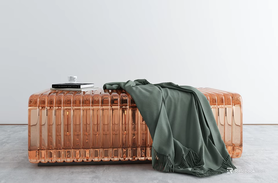 Modern Living Room Sofa Bench With Copper Striped Design And Green Blanket 3d model 