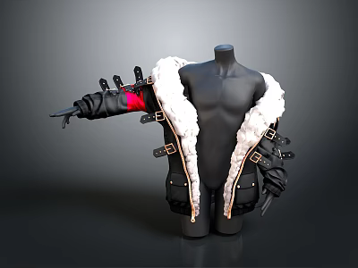 Black Leather Coat With White Fur Collar And Metal Buckles For Daily Wear 3d model