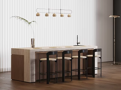 Modern Bar Counter With Wooden Marble Top Hanging Pendant Lights And Black Bar Stools 3d model