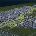 Breathtaking Aerial Scenery Of Urban Riverfront Green Belt Surrounded By Extensive Dense Modern City Buildings
