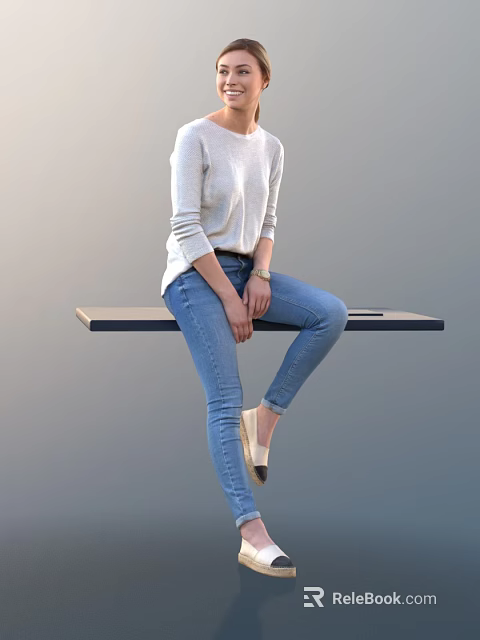 Woman in Grey Sweater and Blue Jeans Sitting on Wooden Platform with Grey Background 3d model 
