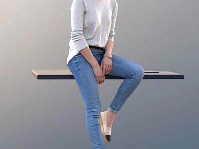 Woman in Grey Sweater and Blue Jeans Sitting on Wooden Platform with Grey Background 3d model