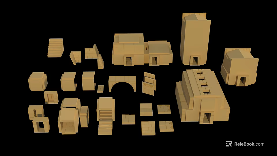 Cartoon Scene With Beige Cube Building Models Various Shapes Steps And Arches 3d model