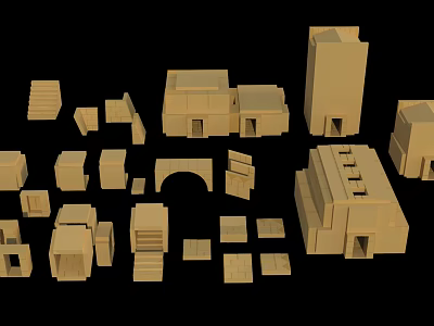 Cartoon Scene With Beige Cube Building Models Various Shapes Steps And Arches 3d model