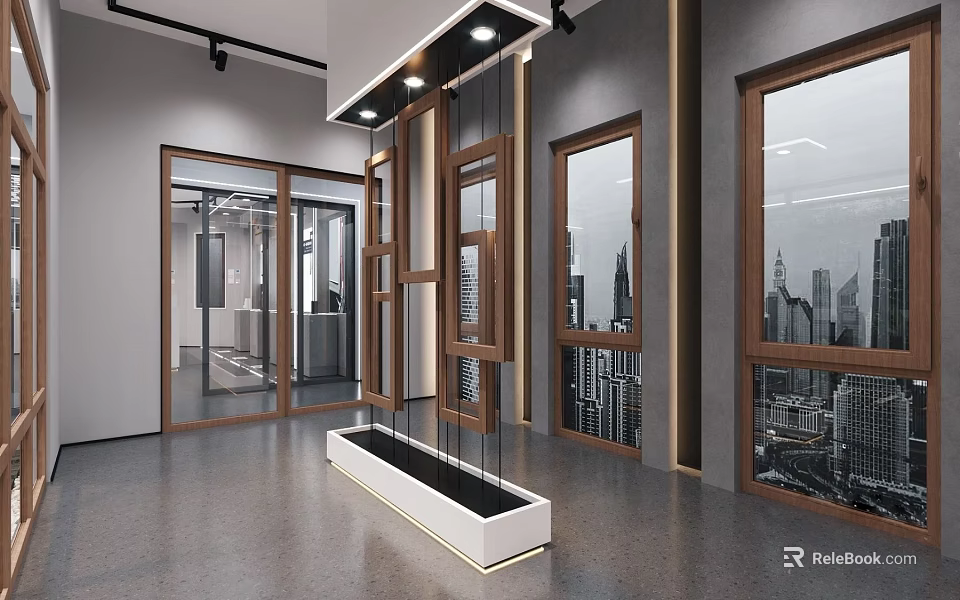 Modern Interior With Wooden Frame Glass Windows And City View 3d model 