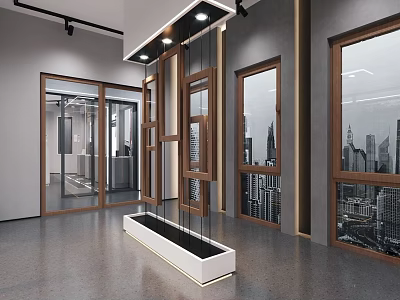 Modern Interior With Wooden Frame Glass Windows And City View 3d model