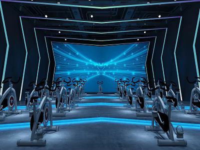 Modern Fitness Gym Interior With Spin Bikes And Blue Ambient Lighting Design 3d model