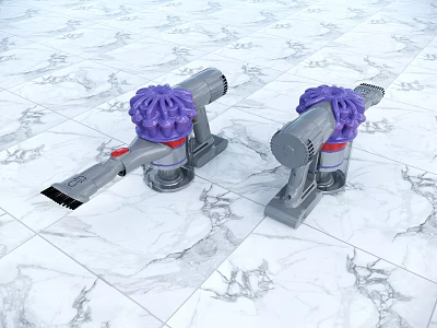Daily Use Vacuum Cleaners With Purple Brush Heads On Marble Floor 3d model