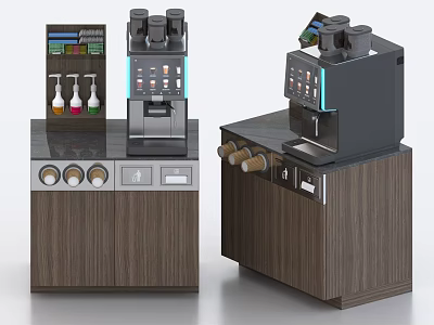 Commercial Coffee Machines With Digital Operation Panel Condiment Bottles And Wooden Storage Cabinets 3d model