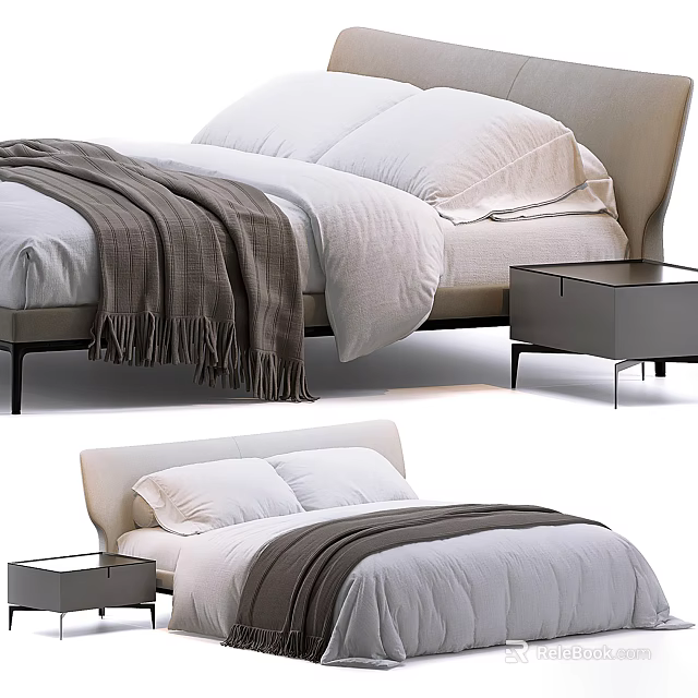 Modern Double Bed Interior Design With Soft Blanket Pillows And Matching Nightstand 3d model