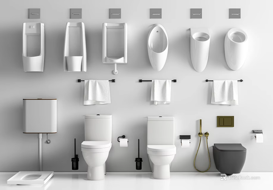 Modern Toilet Display With Various Styles And Bathroom Accessories Bidet Towel Racks Trash Bin 3d model 