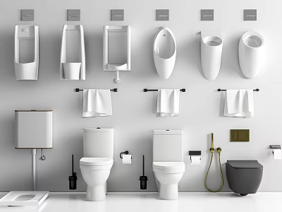 Modern Toilet Display With Various Styles And Bathroom Accessories Bidet Towel Racks Trash Bin 3d model
