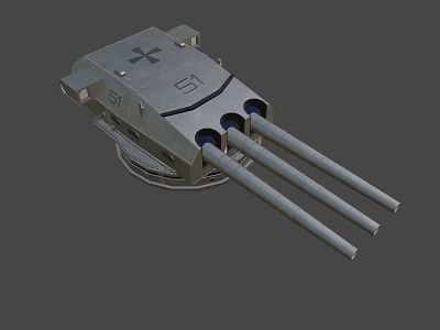 Triple Barrel Naval Gun Military Weapon With Metal Structure And Markings 3d model