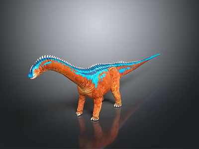 3D Rendered Sauropod Dinosaur With Orange Body Blue Patterns And White Spikes Against Gray Background 3d model