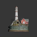 Cartoon Scene With Lighthouse Small Houses Green Grass And Trees On Circular Base