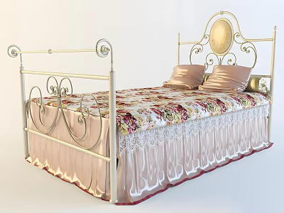 Double Bed with Ornate Metal Frame Floral Bedspread Pink Bed Skirt and Lace Trim 3d model