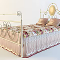 Double Bed with Ornate Metal Frame Floral Bedspread Pink Bed Skirt and Lace Trim