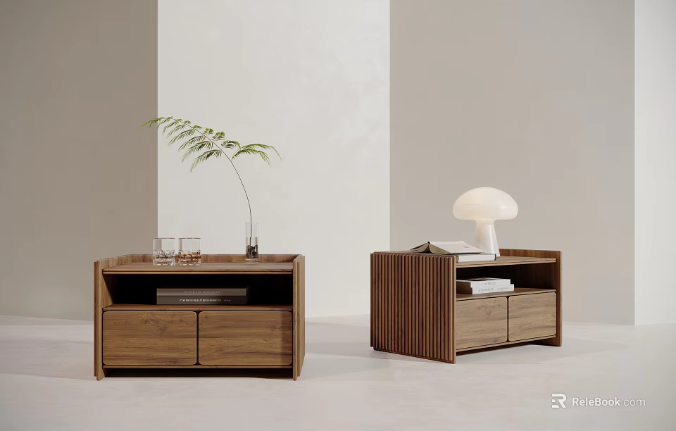 Modern Minimalist Walnut Wood Bedside Tables With Drawers Green Plant White Lamp And Books 3d model 