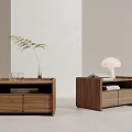Modern Minimalist Walnut Wood Bedside Tables With Drawers Green Plant White Lamp And Books