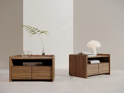 Modern Minimalist Walnut Wood Bedside Tables With Drawers Green Plant White Lamp And Books 3d model